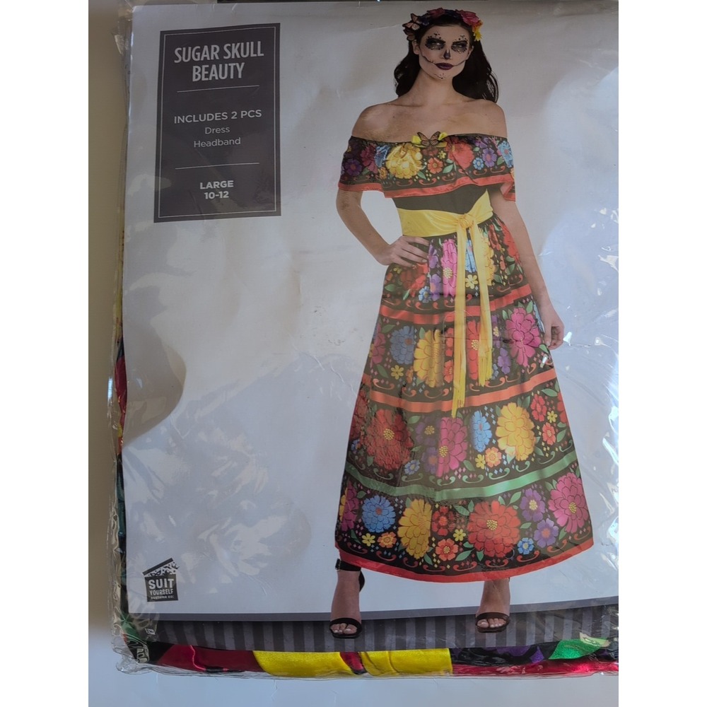 Sugar Skull Beauty Costume – Large 10-12 Day of the Dead Dress & Floral Headband